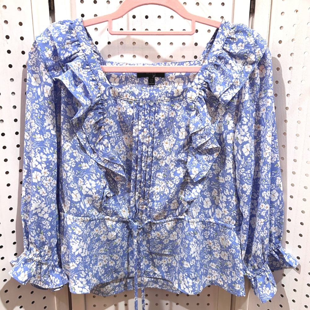 ECLAIR‎ Floral Print Square Neck Ruffle Peplum Blouse XS Blue White
